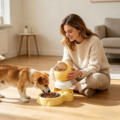 Automatic Gravity Pet Feeder Dispenser,Treat Dispenser with Button for Slow Feeder,Dog Waterer and Food Feeder for Cats Dogs (Yellow)