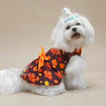 PUPTECK Thanksgiving Dog Dress with Bowtie, Orange Turkey Pumpkin Print, M - Image 6