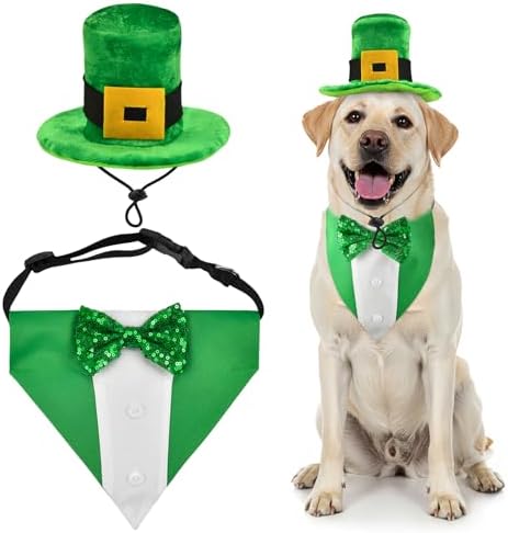 St. Patrick’s Day Dog Tuxedo with Green Bowtie Pet Irish Leprechaun Hat with Belt Buckle Dog Patricks Costume Set Lucky Themed Outfits for Cats Puppies Dogs （L） by PetToysSupplies