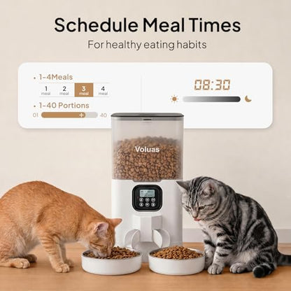 VOLUAS Automatic Cat Feeder for Two Cats with Dual Stainless Bowls, 6L
