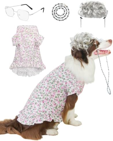 4P Funny Granny Wolf Dog Pet Costume – Halloween Old Lady Costume for Medium and Large Dogs – Includes Dress, Wig, Glasses & Chain Pet Halloween Party Inspired by Fairy Tales by VISTARAFT