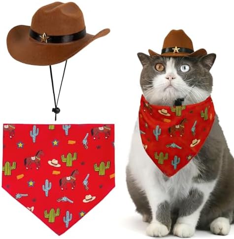 HOWWFALY Pet Cowboy Costume Set Dog Halloween Costumes Cat Cowboy Hat & Bandana Scarf for Small Medium Breeds(Red, Small) by HOWWFALY