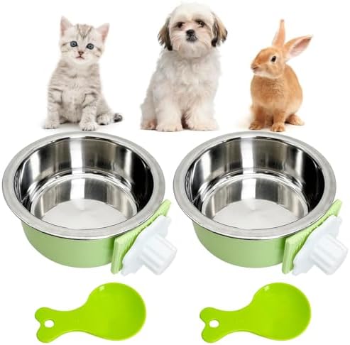 Hamiledyi Crate Dog Bowl Cat - Removable Stainless Steel Hanging No Spill Pet Bowl for Kennels Durable Detachable Design Fits Small Medium Dog Cages (2 Pcs, Green