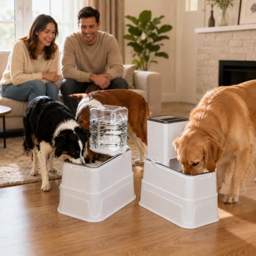 Elevated Dog Food and Water Bowl Set Gravity Automatic Refilling, Large Dog Stainless Steel Bowls with Base, Raised Dog Food Dispenser & Water Bottle for Dogs, Cats, Portable Pet Feeder for M/L Breed