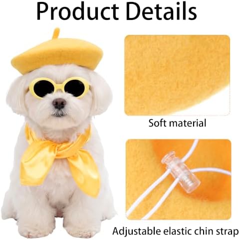 Dog Beret Set Including Dog Beret Satin Scarf Funny Glasses Pet French Artist Beanie for Small Dogs Cats Halloween Christmas Cosplay Party (Yellow) - Image 4