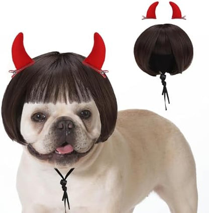 KOOLTAIL Dog Wig Costume,Funny Pet Wig with Devil Accessories Outfit for Small Medium Large Dogs Cats Unique Gift, Adjustable Fits Headwear Cosplay Dress up for Holiday Party Chirstmas Festival Gift by KOOLTAIL