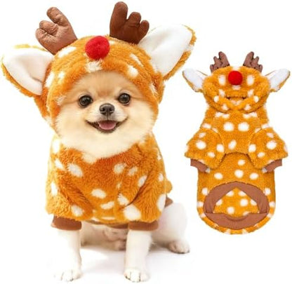 Christmas Dog Sweater with Hood Elk Costume Hoodie Soft Fleece Winter Warm Puppy Clothes for Small Dogs XS-XXL, Christmas Outfit for Cats & Dogs(Brown,Reindeer,X-Small) by AXIIJGL