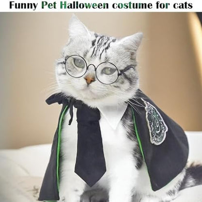 Dog Halloween Magician Costume Set, Cat Wizard Cloak with Hood, Tie & Glasses, Pet Cosplay Outfit for Halloween Party, Puppy Witch Costume for Small Dogs (Green, Large) - Image 3