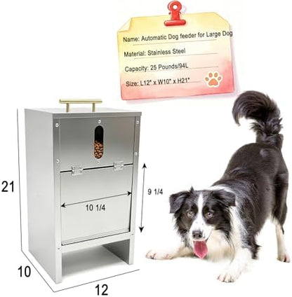 Dog Food Feeder for Kibble - Stainless Steel - Automatic Dog Feeder Large Breed 25LBs Outdoor Gravity Self Feeding for Medium, Large Dog Breeds, Pre-Installed Nuts for Easy Assembly