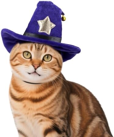 Halloween Cat Wizard Hat, Pet Halloween Costumes, Witch Cosplay Outfit with Bell for Small Dogs Cats Rabbits, Adjustable, Purple by PETLESO