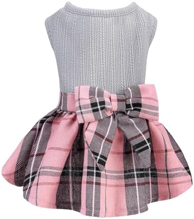 PUPTECK Cute Soft Plaid Dog Dress with Bow Puppy Skirt Clothes, Grey Pink L by PUPTECK