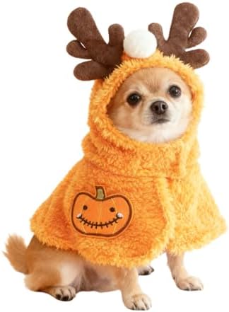 Dog Halloween Costumes Pumpkin Cloak with Antlers, Cute Pet Costumes for Small Dogs Cats, Soft Fluffy Dog Costume Cat Clothes for Halloween Party, Easy On/Off Puppy Outfit, L by Unknown