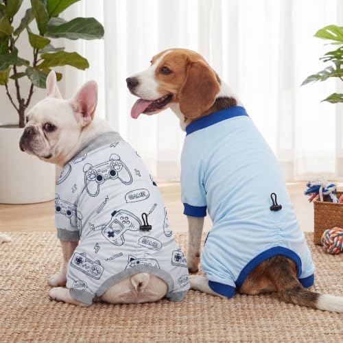 XPUDAC 4 Pack Dog Pajamas, Soft Puppy Clothes with Drawstring Adjustable Stretchy Dogs Onesie for Small Medium Doggie Shed Defender Dog Suit Pet Outfit Boy, L - Image 4