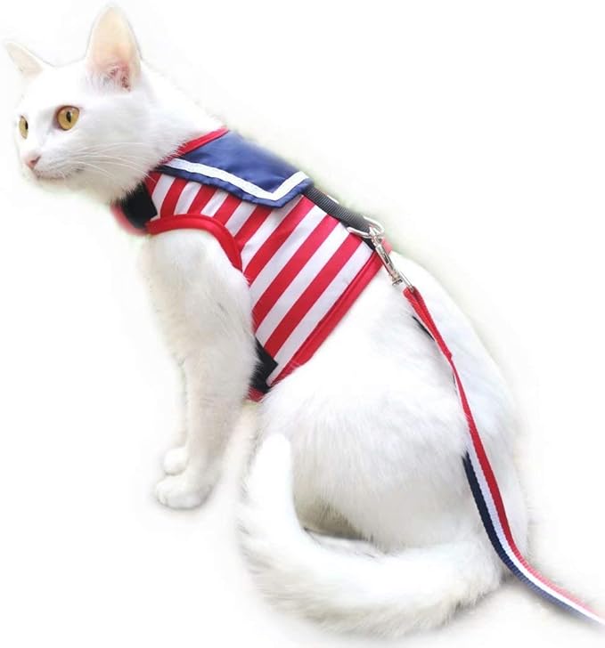 Cat Harness and Leash for Walking Escape Proof, Adjustable Cat Vest Harness, Padded Stylish Cat Walking Jackets, Sailor Suit Red, X-Small