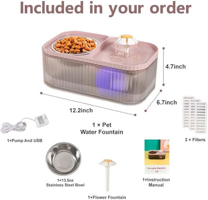 Marchul Cat Water Fountain and Stainless Steel Food Bowl, 100oz/3L Super Quiet Automatic Pet Water Dispenser with Smart Pump and 3 Replacement Filters for Cats and Small Dogs, Pink