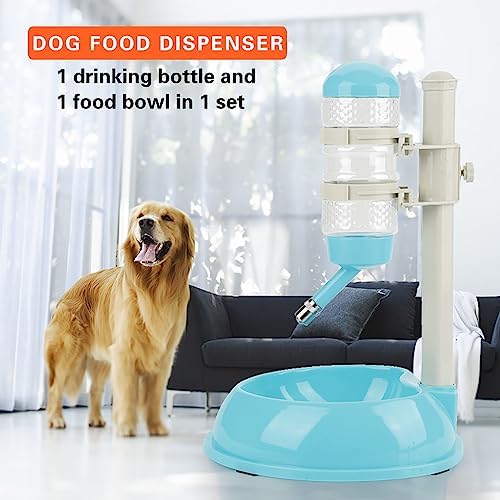 Pet Water Dispenser and Food Bowl, Pet Dog Cat Water Food Feeder Bowl Bottle Standing Dispenser, Height Adjustable Automatic Water Dispenser Feeding Station for Pets Cats Dogs