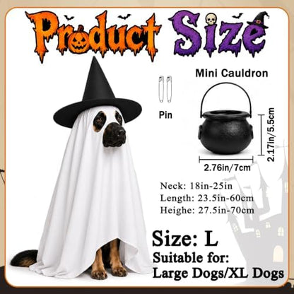 Halloween Dog Ghost Costume Pet Ghost Cape Hat Witch Candy Pot for L XL - Image 3