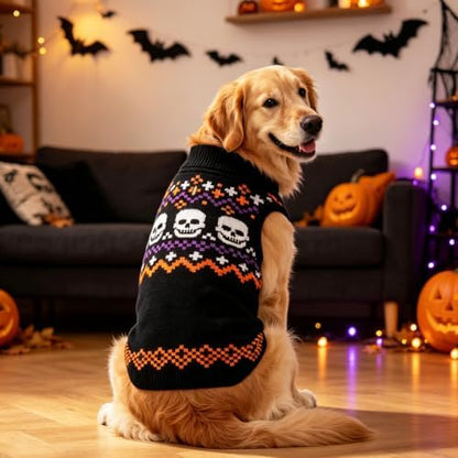 Mihachi Halloween Dog Sweater Turtleneck with Skull Pattern - Warm Knit Pullover for Small Medium Large Dogs with Leash Hole, Cozy Fall Winter Pet Clothes, Black XL - Image 2