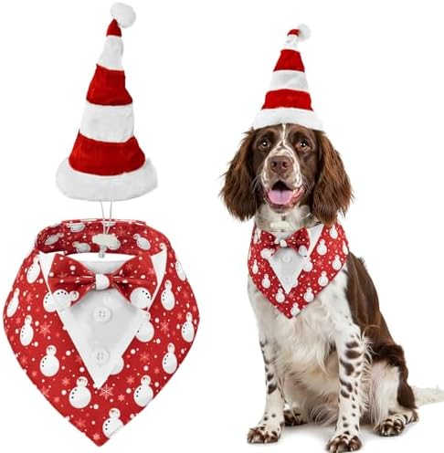 Christmas Snowman Pattern Dog Adjustable Tuxedo with Red White Stripe Santa Hat Xmas Puppy Costume Set Christmas Themed Outfits for Cats Puppy Dog M by PetToysSupplies