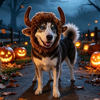 Halloween Dog Horn Wig Soft Bull Dog Costumes Winter Warm Hat Dog Wig Clothes Pet Funny Ox Hat Dog Cat Horn Headgear Accessories Cosplay Bull Mane for Medium to Large Dogs Outfit (Medium) - Image 3