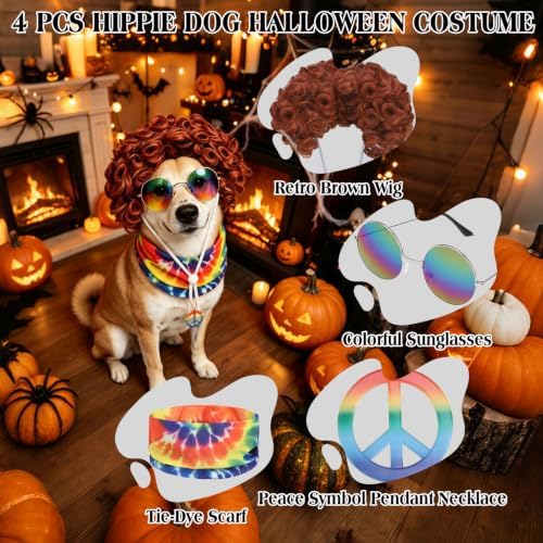 EXPAWLORER 4 Pcs Hippie Dog Halloween Costume, Funny Pet Cosplay Set Includes Adjustable Curler Wig, Sunglasses, Tie-Dye Scarf & Necklace, Ideal for Halloween, Christmas, Cosplay & Birthday Parties - Image 4