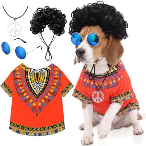 Kinlop 4 Pcs Hippie Dog Costume Halloween Pet Costume Accessories Includes 60s 70s African Dashiki T-Shirt Afro Wig Peace Sign Necklace and Sunglasses for Party Dress Up(L) by Kinlop