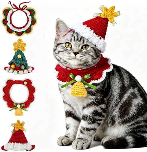 4 Pcs Christmas Knitted Dog Cat Adjustable Collars Hats Pet Costume Crochet Santa Hats Outfit Winter Puppy Kitten Beanie Holiday Party Dress Up Props Handmade Soft Wool Photo Shoot Props Xmas Gifts by Elasign