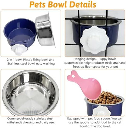 Hamiledyi Crate Dog Bowl Cat 2 Pcs Removable Stainless Steel Hanging No Spill Pet Bowl for Kennels Durable Detachable Design Fits Small Medium Dog Cages (Dark Blue