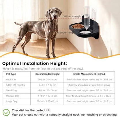 Dog Cat Bowls Wall Mounted Stainless Steel 2 in 1 Feeding Bowl, Automatic Refill Water Dispenser Anti Spill Design for Small Kittens Pet Puppies, Black
