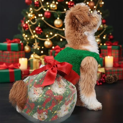 Christmas Dog Dress, Festive Holiday Pet Outfit, Shiny Green Top with Glittery Red Bow and Santa Claus Print Skirt - Image 4