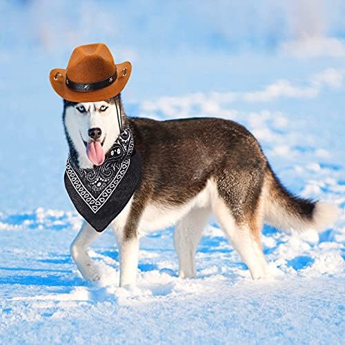 Yewong Pet Cowboy Costume Accessories - Dog Cat Pet Size Cowboy Hat and Bandana Scarf West Accessories for Puppy Kitten Party Festival and Daily Wearing Set of (Coffee Hat+Black Bandana) - Image 4