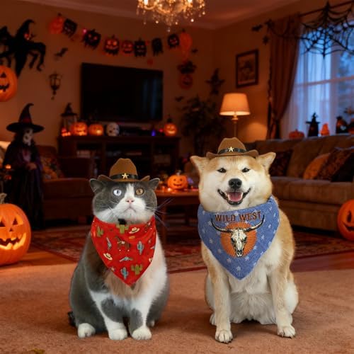 HOWWFALY Pet Cowboy Costume Set Dog Halloween Costumes Cat Cowboy Hat & Bandana Scarf for Small Medium Breeds(Red, Small) - Image 6
