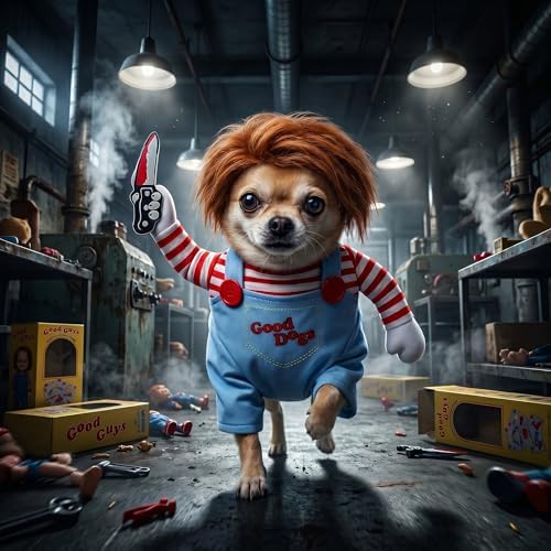 Deadly Doll Dog Costume for Small Medium Large Dogs, Funny Pets Cosplay Halloween Dog Clothes for Party, Walking Illusion Puppy Outfit with Wig and Knife - Image 5