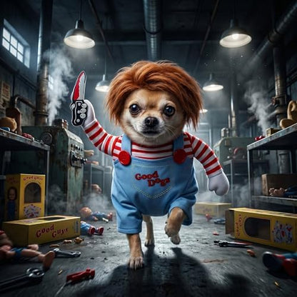 Deadly Doll Dog Costume for Small Medium Large Dogs, Funny Pets Cosplay Halloween Dog Clothes for Party, Walking Illusion Puppy Outfit with Wig and Knife - Image 5