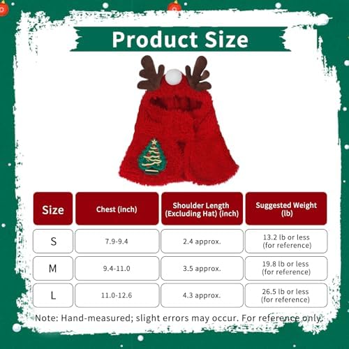 Dog Christmas Costumes Reindeer Hooded Cape, Cute Pet Costumes for Cats Dogs, Soft Fluffy Dog Costume Cat Clothes for Holiday Party and Photos, (Red/L) - Image 4