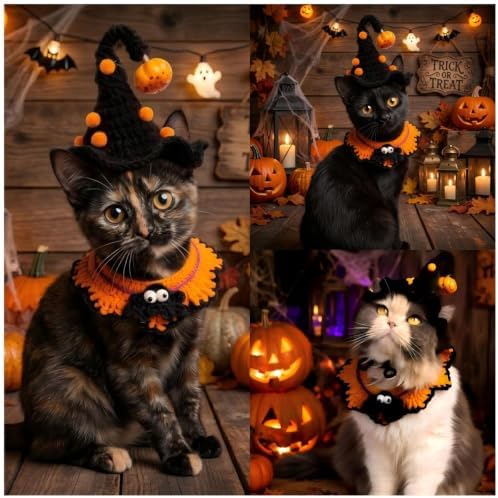 Halloween Pet Costume, Spider & Black Witch Hat for Cats and Small Sized Dogs, Hand-Knit Festive Halloween-Themed Cat Apparel, Dog Halloween Costumes, Cat Witch Costume - Image 4