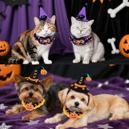 4 Pcs Halloween Cats Dogs Pets Crochets Handmade Collars Soft Wool Neck Collars with Hats Knitted Costume Photo Shoot Props Bibs for Multiple Family Matching Set (Pumpkin and Spider) - Image 5