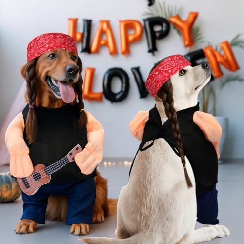 Huhumy Halloween Country Singer Dog Costume Guitar Wig Bandana for Dog, XL - Image 5