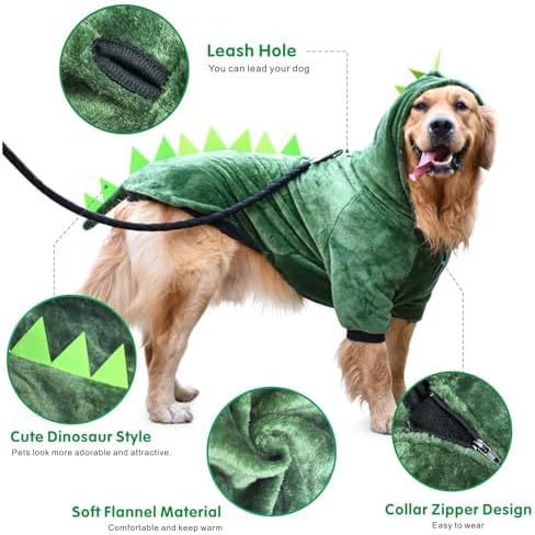 Idepet Large Dogs Halloween Dinosaur Costume Jacket Pet Dog Warm Fleece Winter Clothing Outfits Funny Apperal Golden Retriever Pitbull Clothes Hoodie (3XL) - Image 2