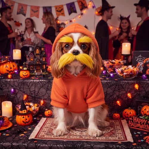 Huhumy Halloween Orange Costume for Dogs, S,Hoodie, Mustache and Eyebrows - Image 3