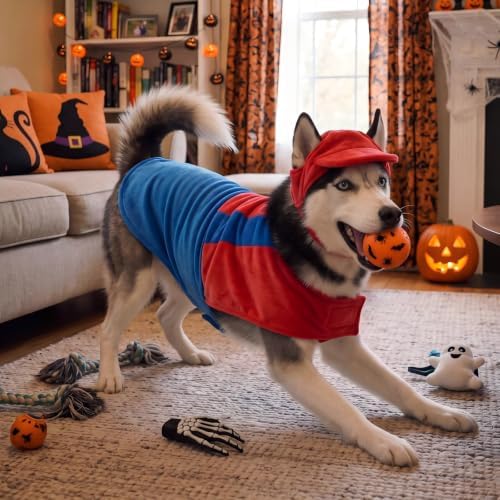 Dansydaisy Dog Halloween Costume Set Funny Red Overalls Outfit with Hat Retro Buddy Themed Dog Clothes for Cosplay Party(X-Large) - Image 5