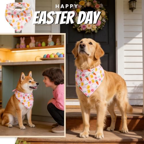 Dog Bandana for Easter Day - Lovely Bunny Carrot Chicken & Daisy Flower Theme, Holiday Pet Costumes Scarf with Adjustable Snap Button, Large to Giant Breeds (75lbs+) - Image 4