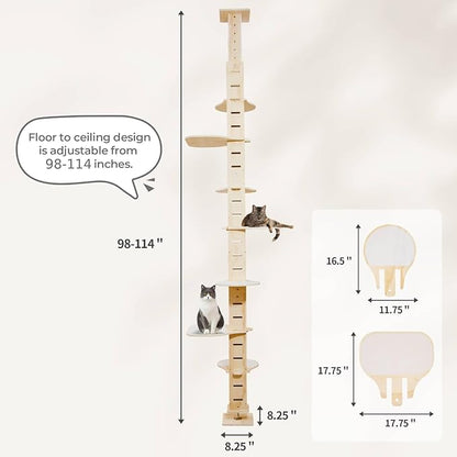 COZIWOW Floor to Ceiling Cat Tree Tower for Indoor Large Cats, 7 Tier Tall Cat Climbing Pole with Adjustable Height (98-114 inches), Modern Climbing Tower, Wood