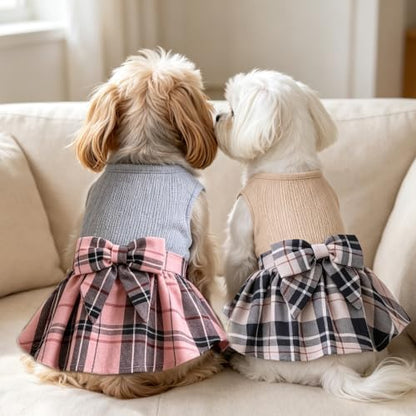 PUPTECK Cute Soft Plaid Dog Dress with Bow Puppy Skirt Clothes Grey Pink XS - Image 5