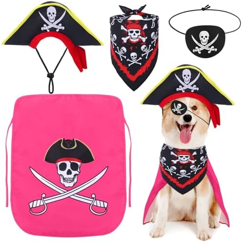 Huhumy 4 Pcs Dog Pirate Costume Hat Cape Bandana, Pink, Large by Huhumy
