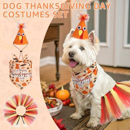 SCENEREAL Thanksgiving Dog Bandana Dress with Hat Set, Pet Turkey Costume for Small Medium Sized Dogs, Cute Tutu Skirt Outfit for Party Halloween - Image 3