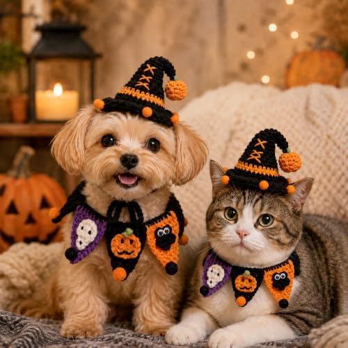 Hand-Knit Pet Costume Hat & Bib Cats Dogs Festive Apparel (Witch) - Image 7