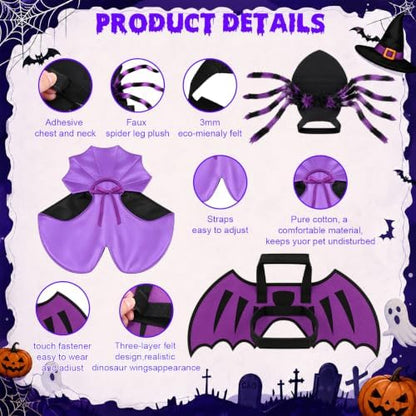 3 Pcs Halloween Costume for Dog Cat, Spider Bat Wings Cape, Purple, S - Image 3