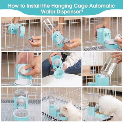 Hanging Cage Auto Small Pet Feeder Waterer Set for Puppy Cats, Blue