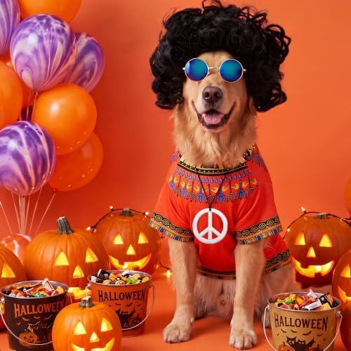 Kinlop 4 Pcs Hippie Dog Costume Halloween Pet Costume Accessories Includes 60s 70s African Dashiki T-Shirt Afro Wig Peace Sign Necklace and Sunglasses for Party Dress Up(XL) - Image 6